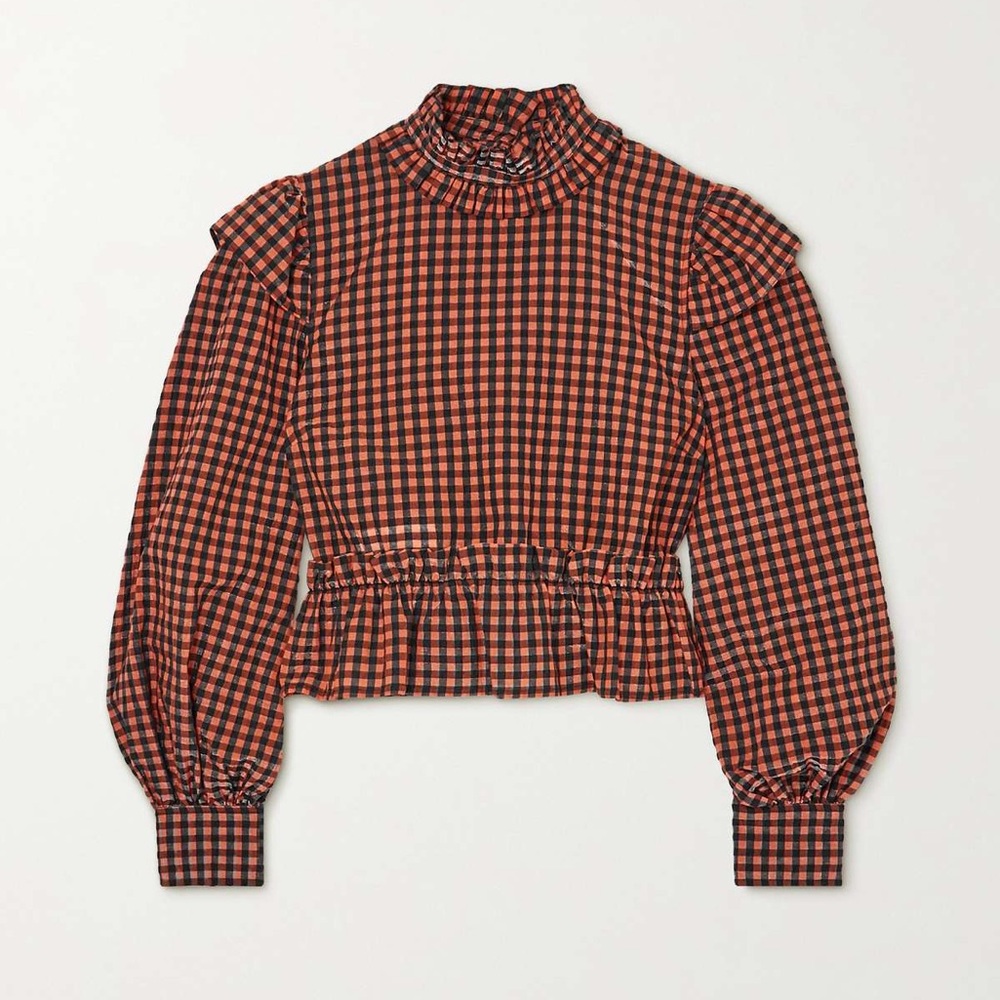 GANNI Ruffled gingham seersucker blouse